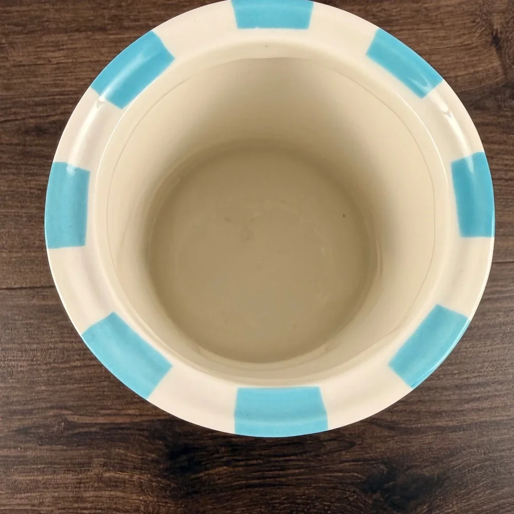 Jonathan Adler Vice MEOW Canister Blue White Striped Porcelain Lidded Jar